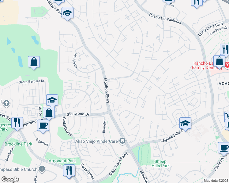 map of restaurants, bars, coffee shops, grocery stores, and more near 24962 Calle Aragon in Laguna Woods
