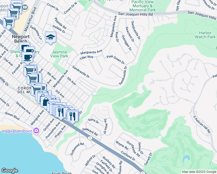 map of restaurants, bars, coffee shops, grocery stores, and more near 978 Sandcastle Drive in Newport Beach