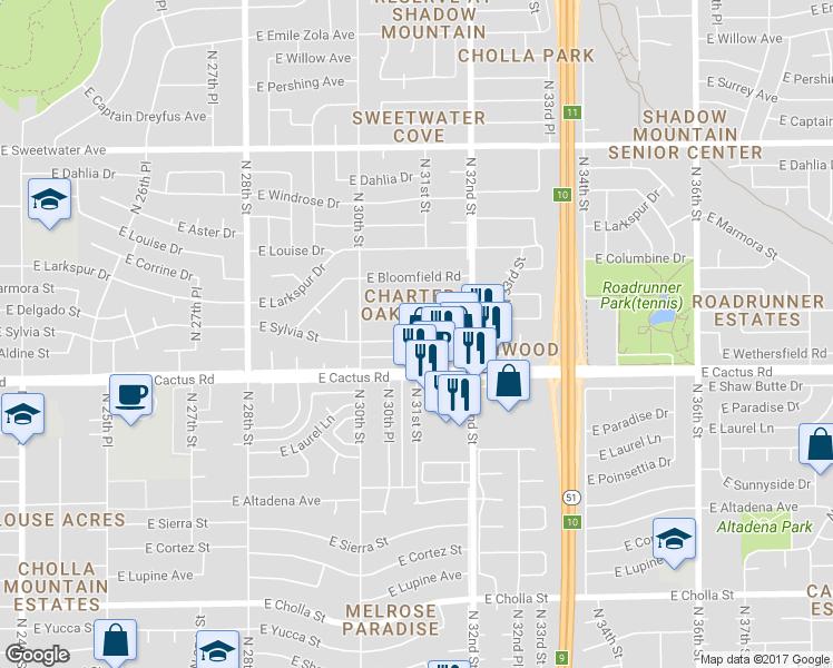 map of restaurants, bars, coffee shops, grocery stores, and more near 3046 East Wethersfield Road in Phoenix