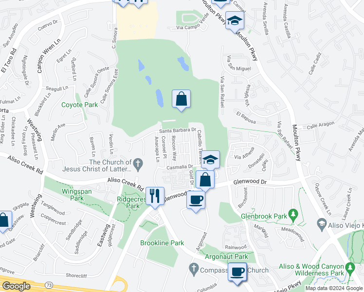 map of restaurants, bars, coffee shops, grocery stores, and more near 26 Old Mission Road in Aliso Viejo