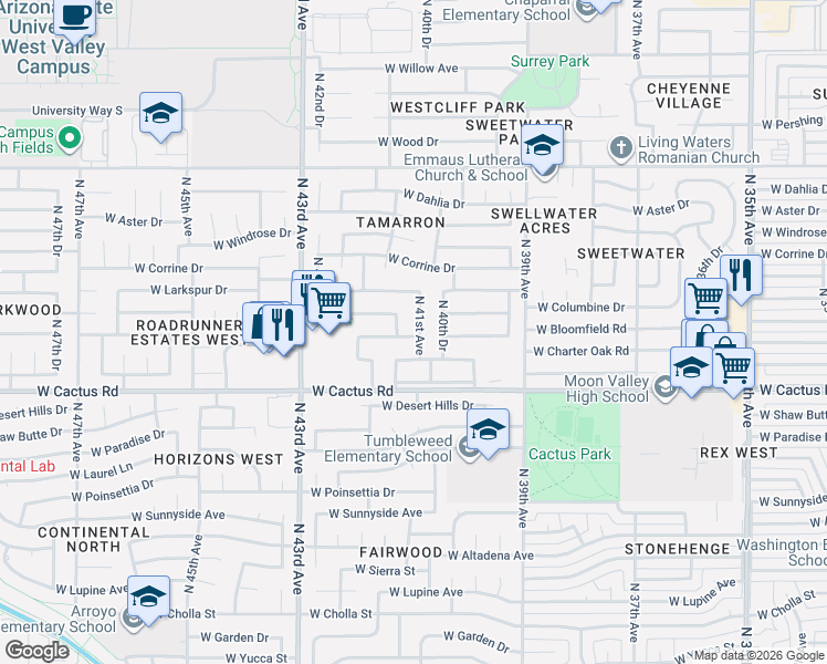 map of restaurants, bars, coffee shops, grocery stores, and more near 12407 North 41st Drive in Phoenix