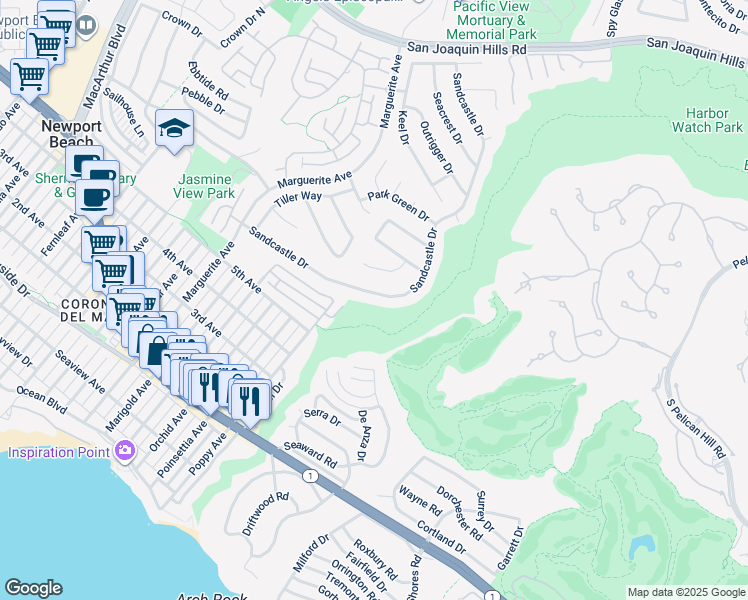 map of restaurants, bars, coffee shops, grocery stores, and more near 978 Sandcastle Drive in Newport Beach
