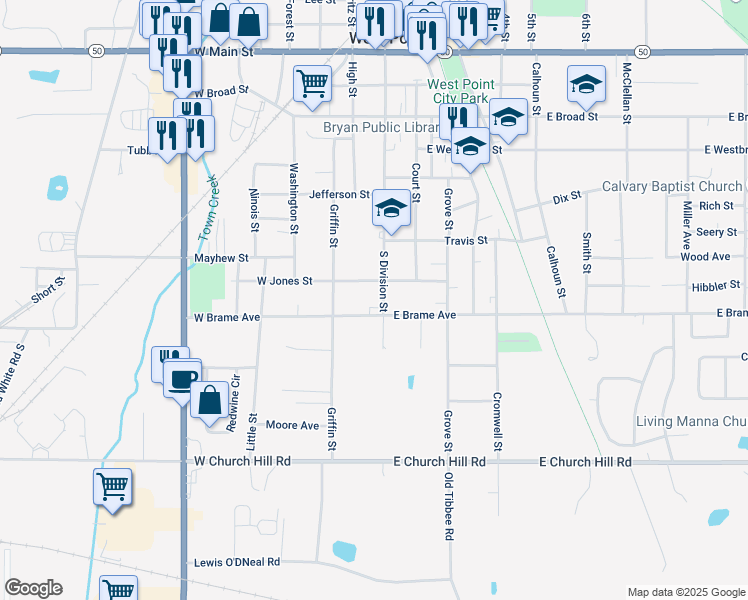 map of restaurants, bars, coffee shops, grocery stores, and more near 100-298 Jones Street in West Point