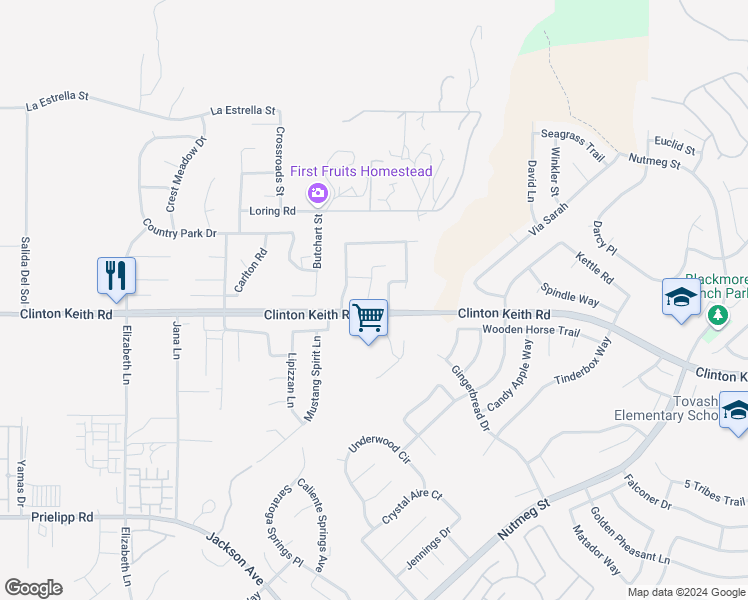map of restaurants, bars, coffee shops, grocery stores, and more near 35964 Camelot Circle in Wildomar