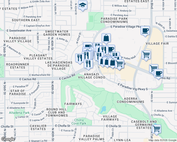 map of restaurants, bars, coffee shops, grocery stores, and more near 4242 East Cactus Road in Phoenix