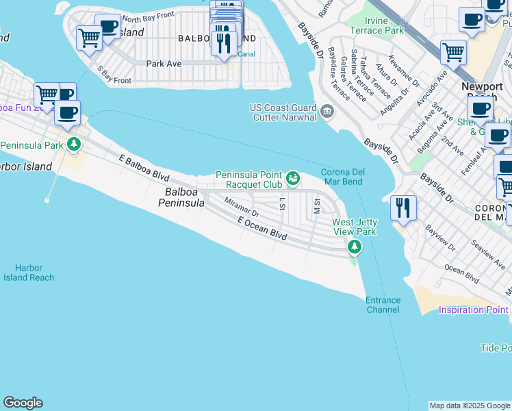 map of restaurants, bars, coffee shops, grocery stores, and more near 1703 Plaza Del Sur in Newport Beach
