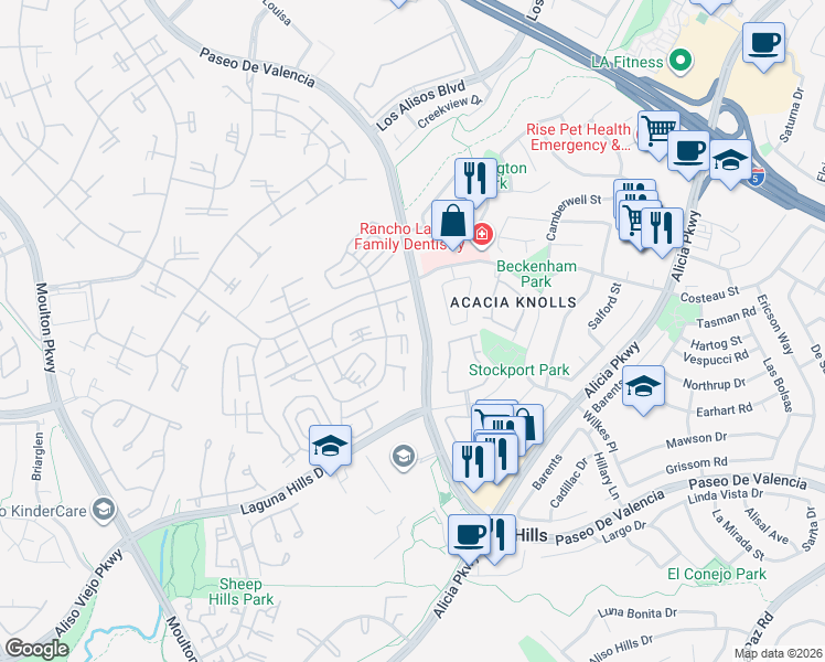map of restaurants, bars, coffee shops, grocery stores, and more near in Laguna Woods
