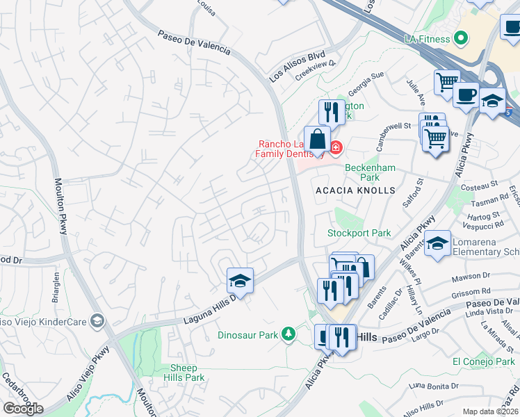 map of restaurants, bars, coffee shops, grocery stores, and more near 683 Via Alhambra in Laguna Woods