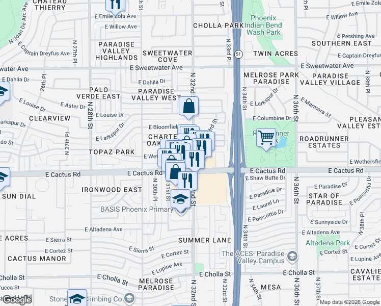 map of restaurants, bars, coffee shops, grocery stores, and more near 12302 North 32nd Street in Phoenix