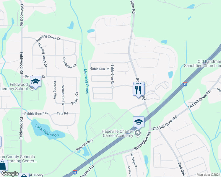 map of restaurants, bars, coffee shops, grocery stores, and more near 3406 Sable Chase Lane in Atlanta