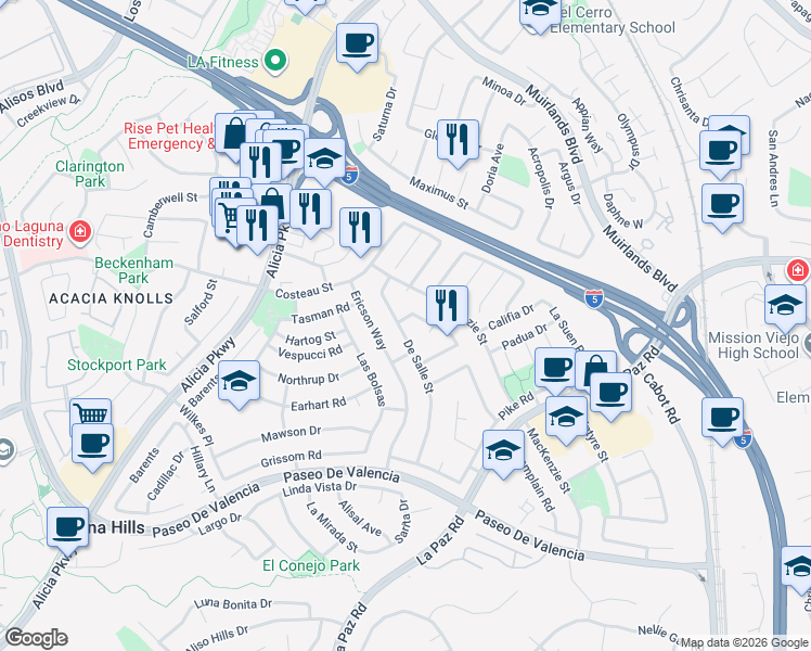 map of restaurants, bars, coffee shops, grocery stores, and more near 25401 Vespucci Road in Laguna Hills