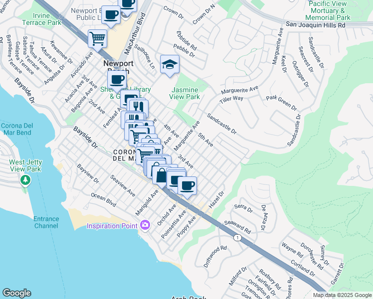 map of restaurants, bars, coffee shops, grocery stores, and more near 615 Marigold Avenue in Newport Beach