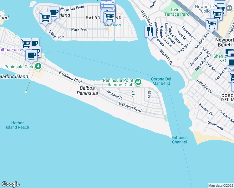map of restaurants, bars, coffee shops, grocery stores, and more near 1550 Miramar Drive in Newport Beach