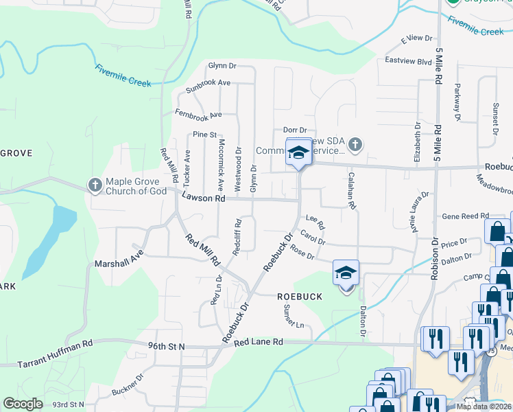 map of restaurants, bars, coffee shops, grocery stores, and more near 9877 Redcliff Road in Birmingham