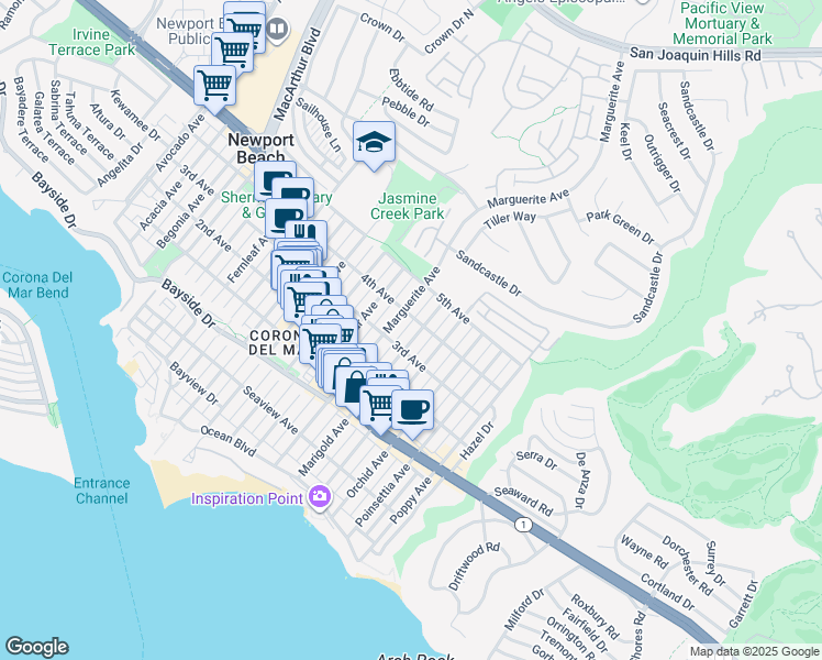 map of restaurants, bars, coffee shops, grocery stores, and more near 615 Marigold Avenue in Newport Beach