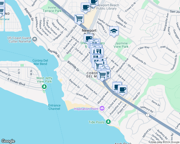 map of restaurants, bars, coffee shops, grocery stores, and more near 410 Heliotrope Avenue in Newport Beach