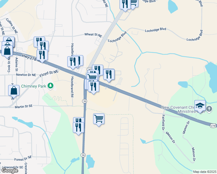 map of restaurants, bars, coffee shops, grocery stores, and more near U.S. 278 in Covington