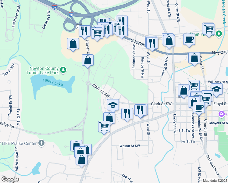 map of restaurants, bars, coffee shops, grocery stores, and more near 4143 North Swann Street in Covington