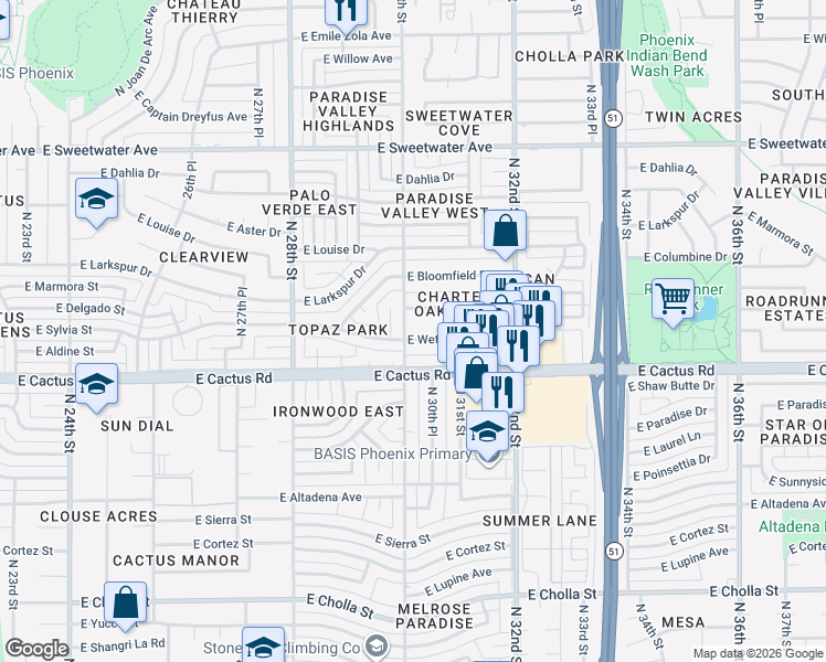 map of restaurants, bars, coffee shops, grocery stores, and more near 3002 East Wethersfield Road in Phoenix