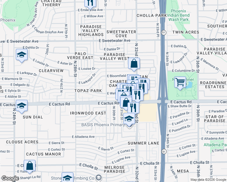 map of restaurants, bars, coffee shops, grocery stores, and more near 3002 East Wethersfield Road in Phoenix