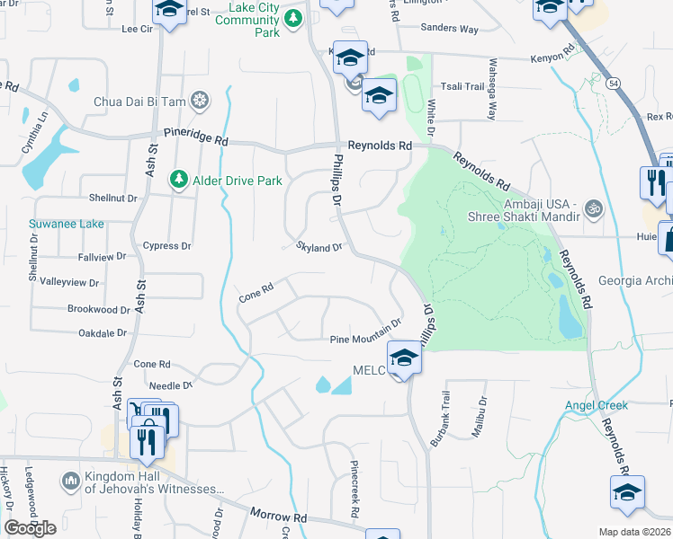 map of restaurants, bars, coffee shops, grocery stores, and more near 1060 Cone Road in Forest Park
