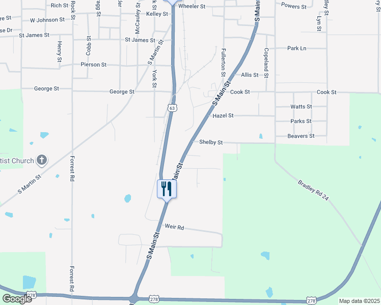 map of restaurants, bars, coffee shops, grocery stores, and more near 1213 South Main Street in Warren