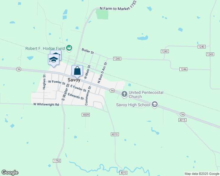map of restaurants, bars, coffee shops, grocery stores, and more near 510 East Hayes Street in Savoy