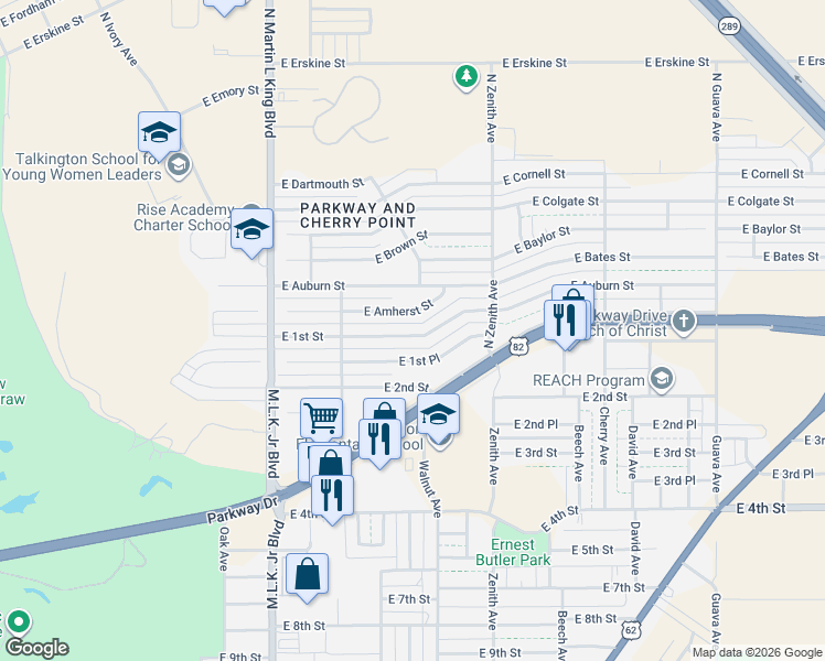 map of restaurants, bars, coffee shops, grocery stores, and more near 1901 East 1st Street in Lubbock