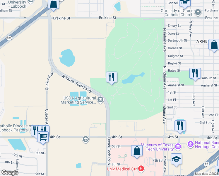 map of restaurants, bars, coffee shops, grocery stores, and more near Texas Tech Parkway in Lubbock
