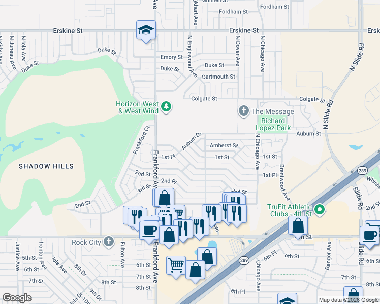 map of restaurants, bars, coffee shops, grocery stores, and more near 5715 1st Street in Lubbock