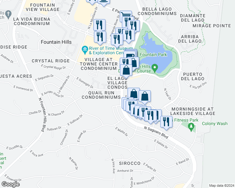 map of restaurants, bars, coffee shops, grocery stores, and more near 16819 East Gunsight Drive in Fountain Hills