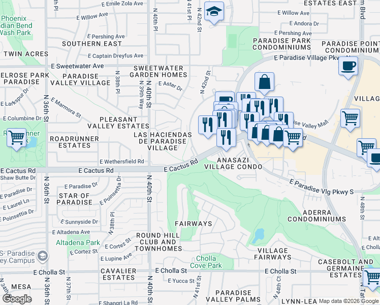 map of restaurants, bars, coffee shops, grocery stores, and more near 12401 North 41st Place in Phoenix