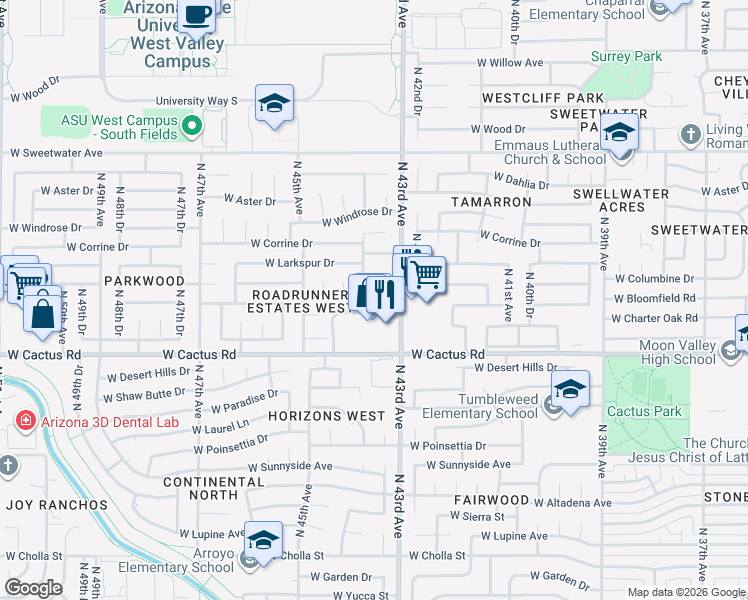 map of restaurants, bars, coffee shops, grocery stores, and more near 4309 West Bloomfield Road in Glendale