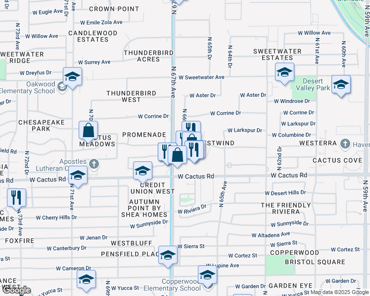 map of restaurants, bars, coffee shops, grocery stores, and more near 6625 West Bloomfield Road in Glendale