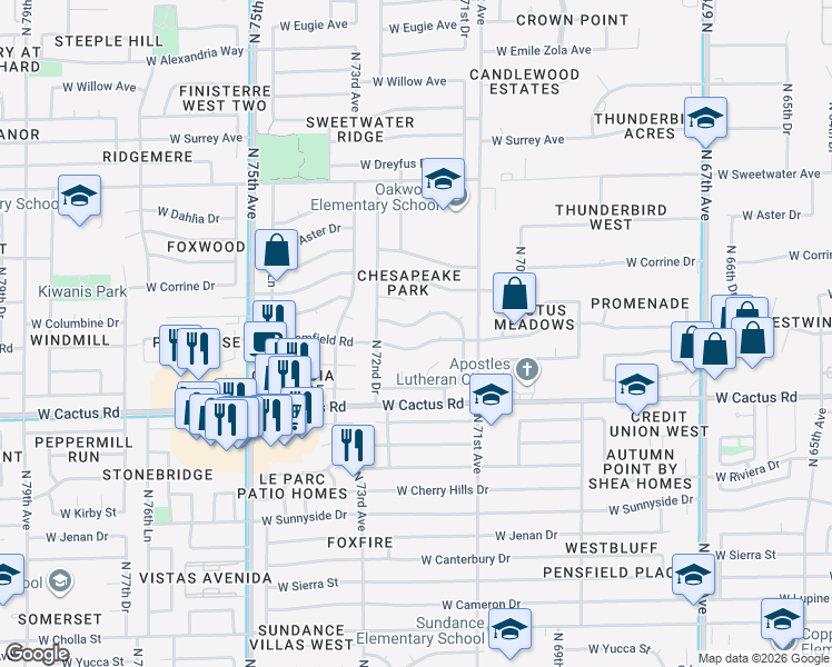 map of restaurants, bars, coffee shops, grocery stores, and more near 7145 West Columbine Drive in Peoria