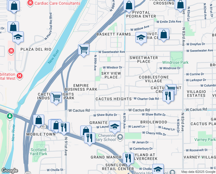 map of restaurants, bars, coffee shops, grocery stores, and more near 8819 West Corrine Drive in Peoria