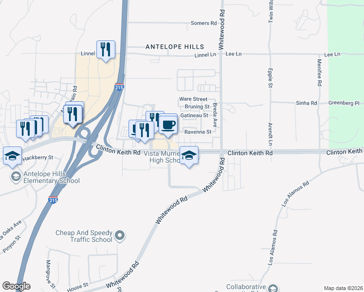map of restaurants, bars, coffee shops, grocery stores, and more near 28269 Socorro Street in Murrieta
