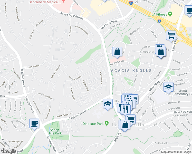 map of restaurants, bars, coffee shops, grocery stores, and more near 683 Via Alhambra in Laguna Woods