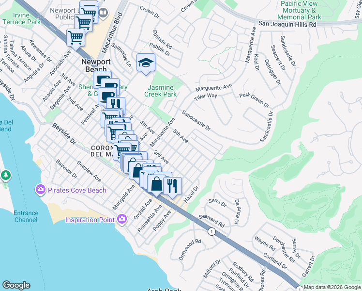 map of restaurants, bars, coffee shops, grocery stores, and more near 704 1/2 Marigold Avenue in Newport Beach