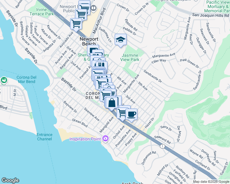 map of restaurants, bars, coffee shops, grocery stores, and more near 516 Larkspur Avenue in Newport Beach