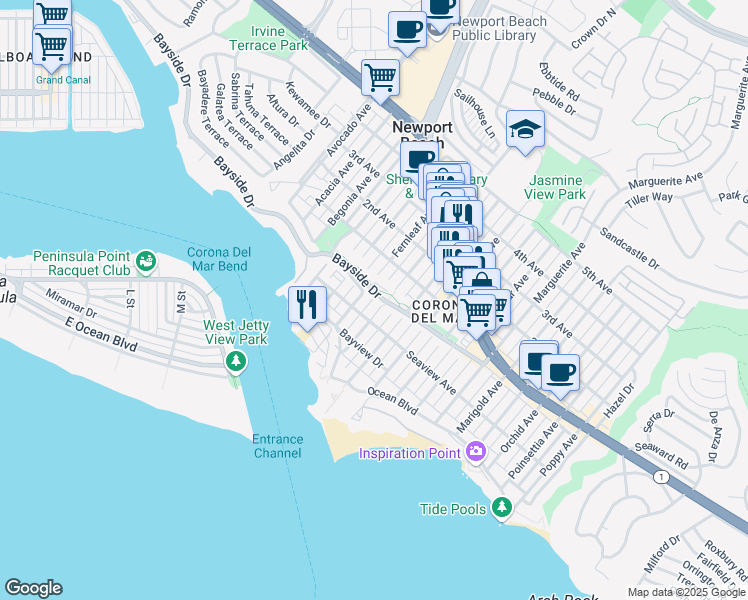 map of restaurants, bars, coffee shops, grocery stores, and more near 314 Fernleaf Avenue in Newport Beach