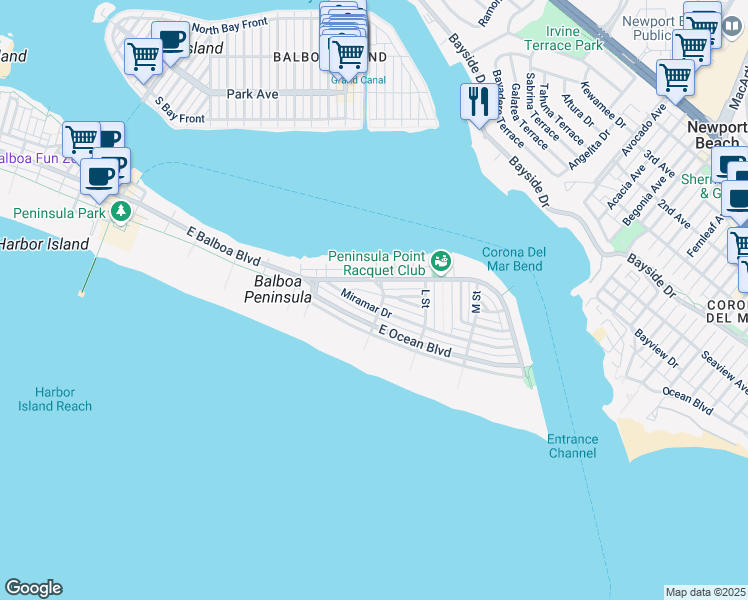 map of restaurants, bars, coffee shops, grocery stores, and more near 1703 Plaza Del Sur in Newport Beach