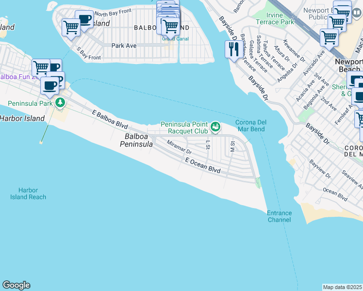 map of restaurants, bars, coffee shops, grocery stores, and more near 1703 Plaza Del Sur in Newport Beach