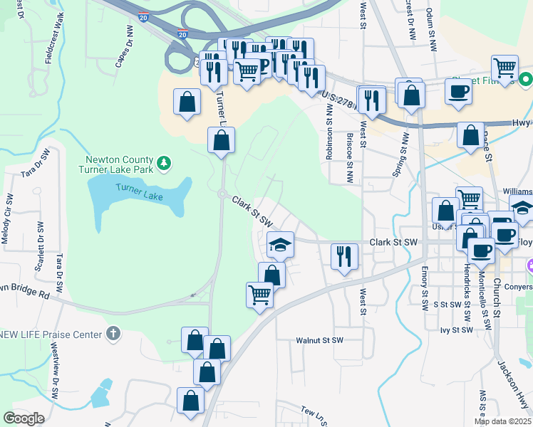 map of restaurants, bars, coffee shops, grocery stores, and more near 5115 North Pratt Street in Covington