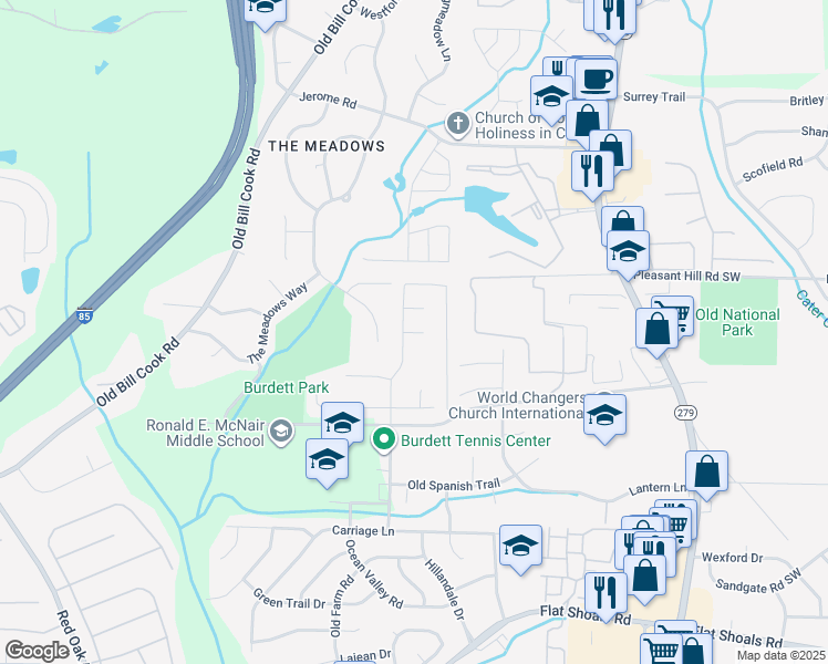 map of restaurants, bars, coffee shops, grocery stores, and more near 5725 Old Carriage Drive in College Park