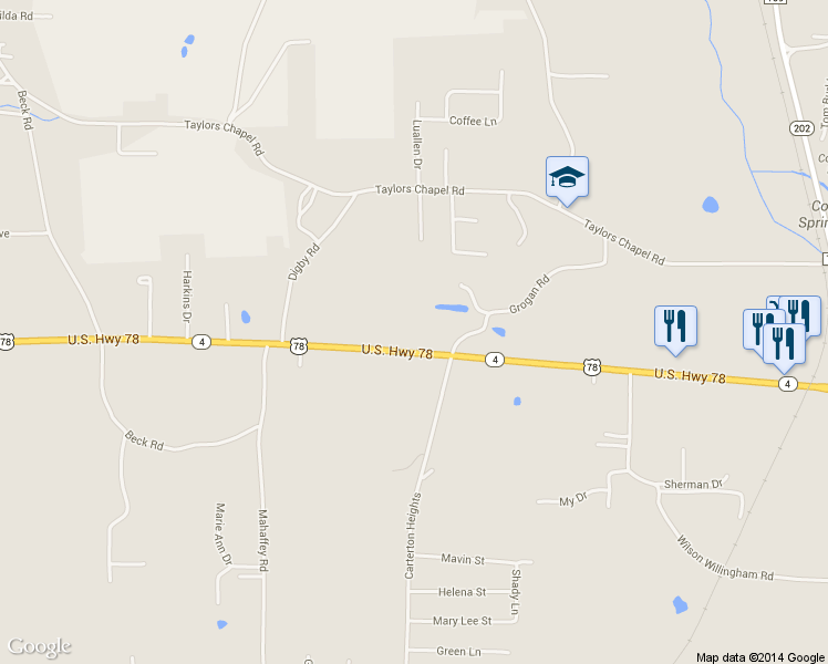 map of restaurants, bars, coffee shops, grocery stores, and more near 5746 U.S. 78 in Oxford