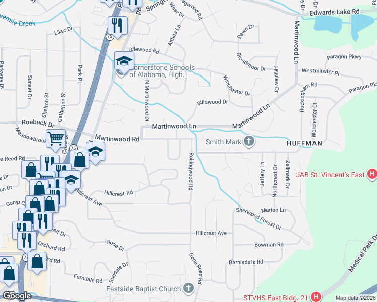 map of restaurants, bars, coffee shops, grocery stores, and more near 946 Martinwood Circle in Birmingham