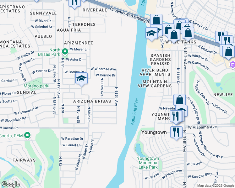 map of restaurants, bars, coffee shops, grocery stores, and more near 11502 West Cactus Road in El Mirage