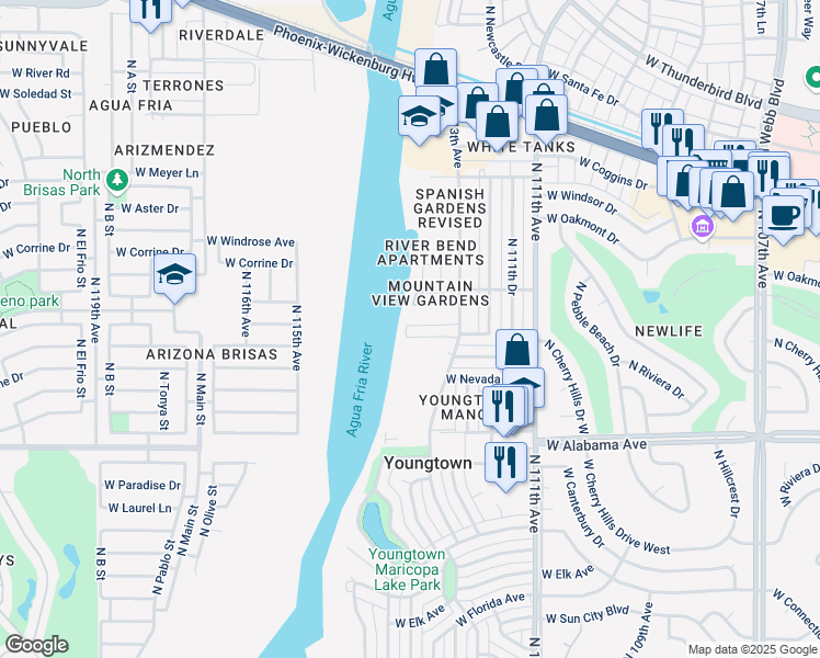map of restaurants, bars, coffee shops, grocery stores, and more near 12440 North 113th Avenue in Youngtown