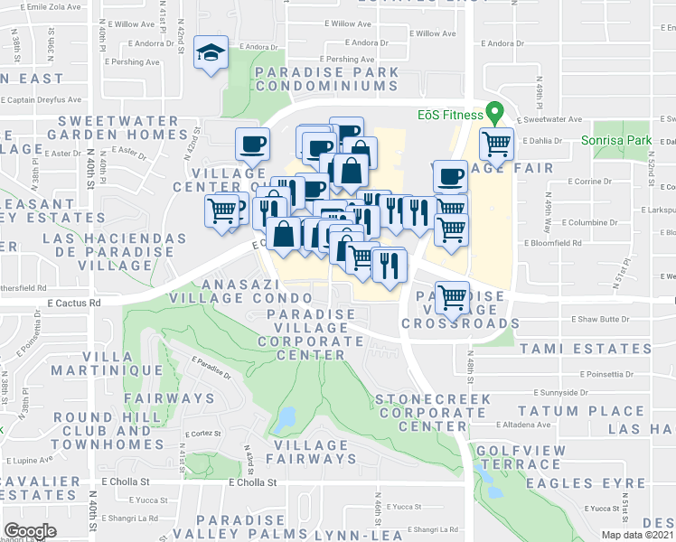 map of restaurants, bars, coffee shops, grocery stores, and more near 4613 East Cactus Road in Phoenix